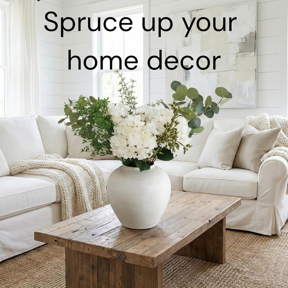 Faux Arrangement - Eucalyptus & White Hydrangea Flowers, Large Artificial...