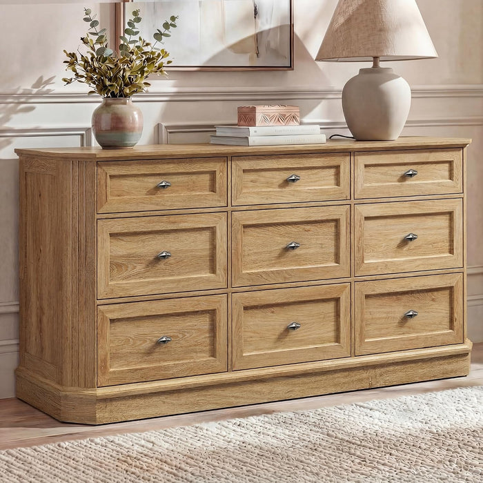 Farmhouse 9 Drawers Walnut Dresser for Bedroom, 63.07" Wide Chest of Drawers w/Charging Station & Vintage Beveled Design, Wood Long Dresser TV Stand,Closet Clothes Storage Organizer for Living Room