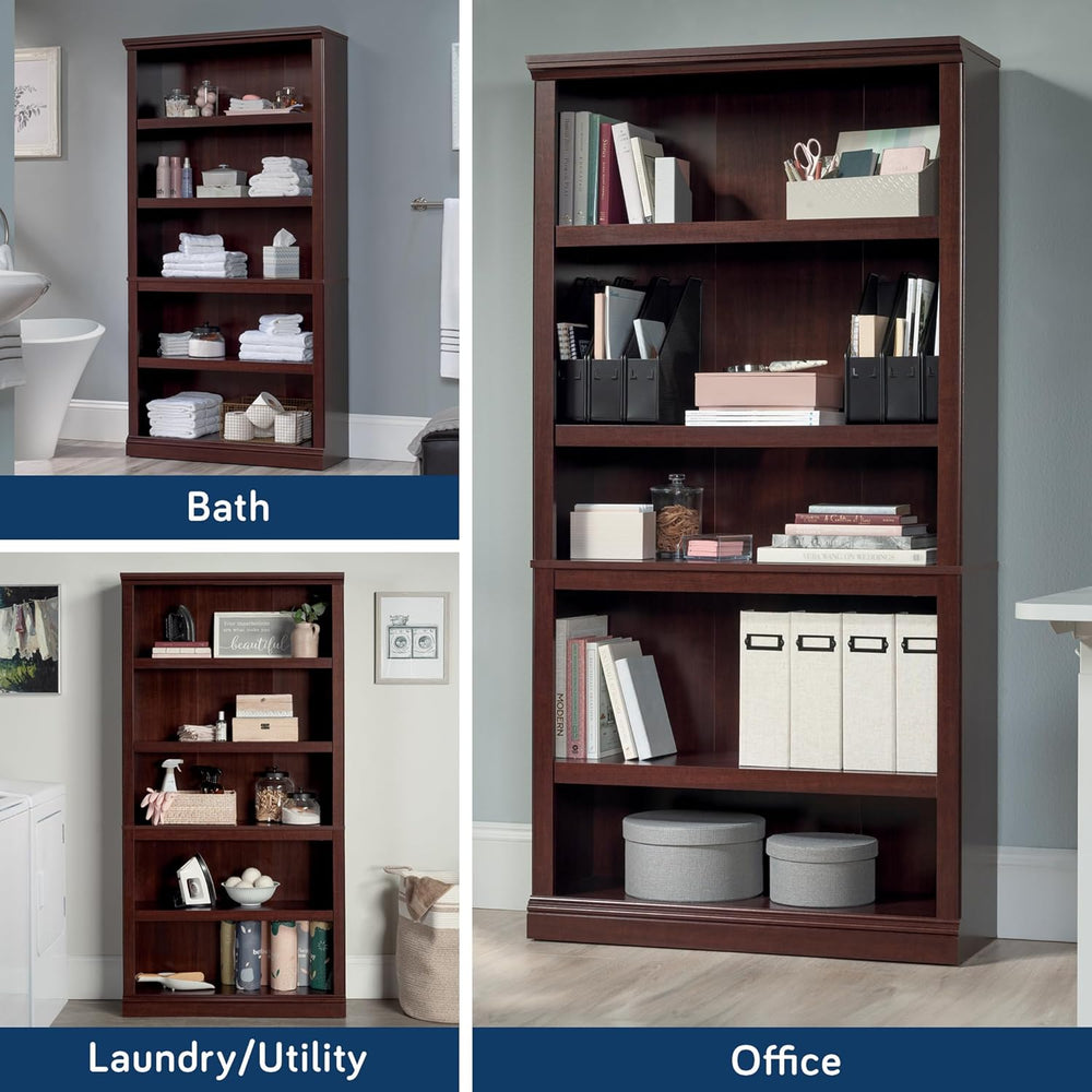 5-Shelf Bookcase with Storage, Classic Cherry Finish Wood Bookshelf for Livin...