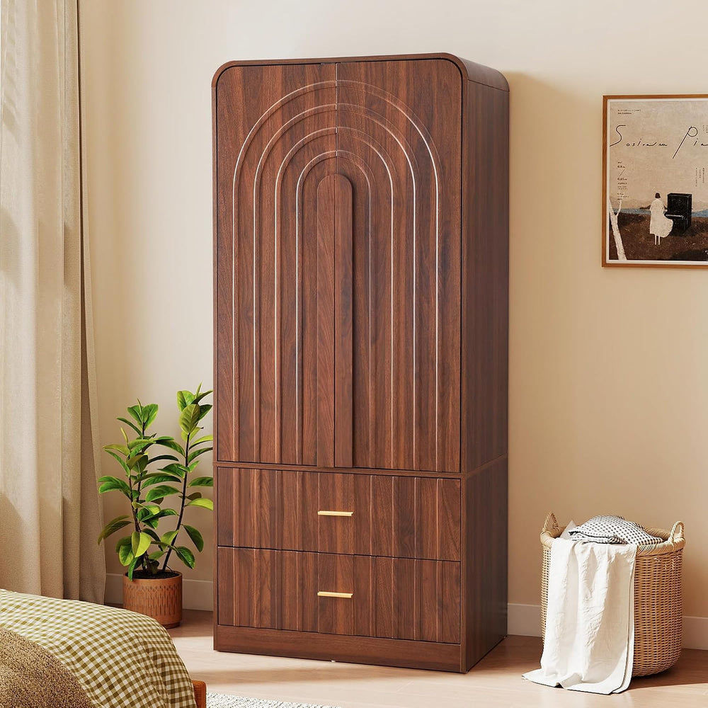 ORRD Freestanding Armoire Wardrobe Closet with Arched Fluted 2 Doors and 2 St...