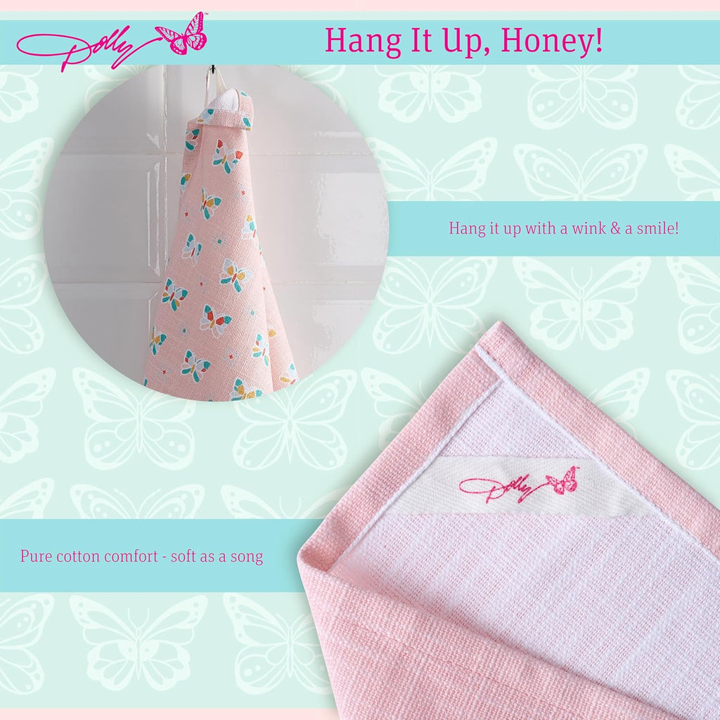 Dolly Parton Days of the Week Kitchen Towel Set - 100% Cotton Soft Durable Dishtowel Décor with Dolly Signature Embroidery, Cute Phrases, and Butterflies for Everyday Use - Butterfly Multi Colored 6pk