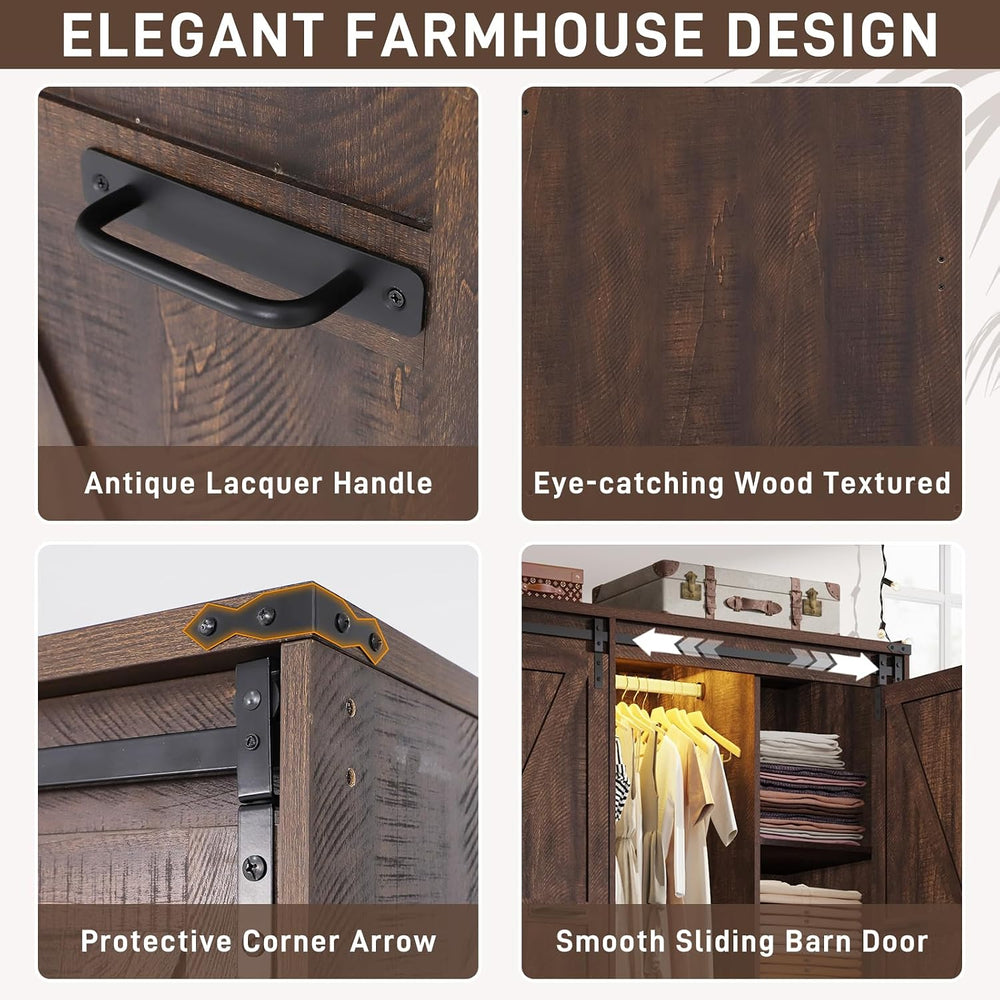 Farmhouse 4 Doors Armoire Wardrobe Closet w/Folding Sliding Barn Door and Lig...