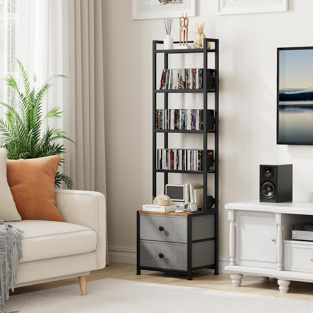 CD Storage Rack with Drawer, 5-Tier DVD Organizer Shelf w/Adjustable Book Sto...