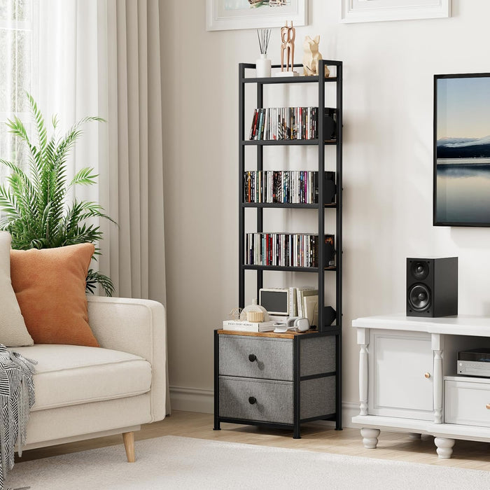 CD Storage Rack with Drawer, 5-Tier DVD Organizer Shelf w/Adjustable Book Stoppers, Media Storage Rack for CD/DVD, Books & Games, Ideal for Living Room & Home Office – 15.7x11.8x56.5Inches