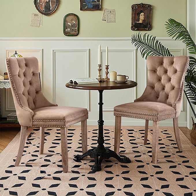 Velvet Upholstered Dining Chairs Set of 2, Modern Style Kitchen Side Chairs w...