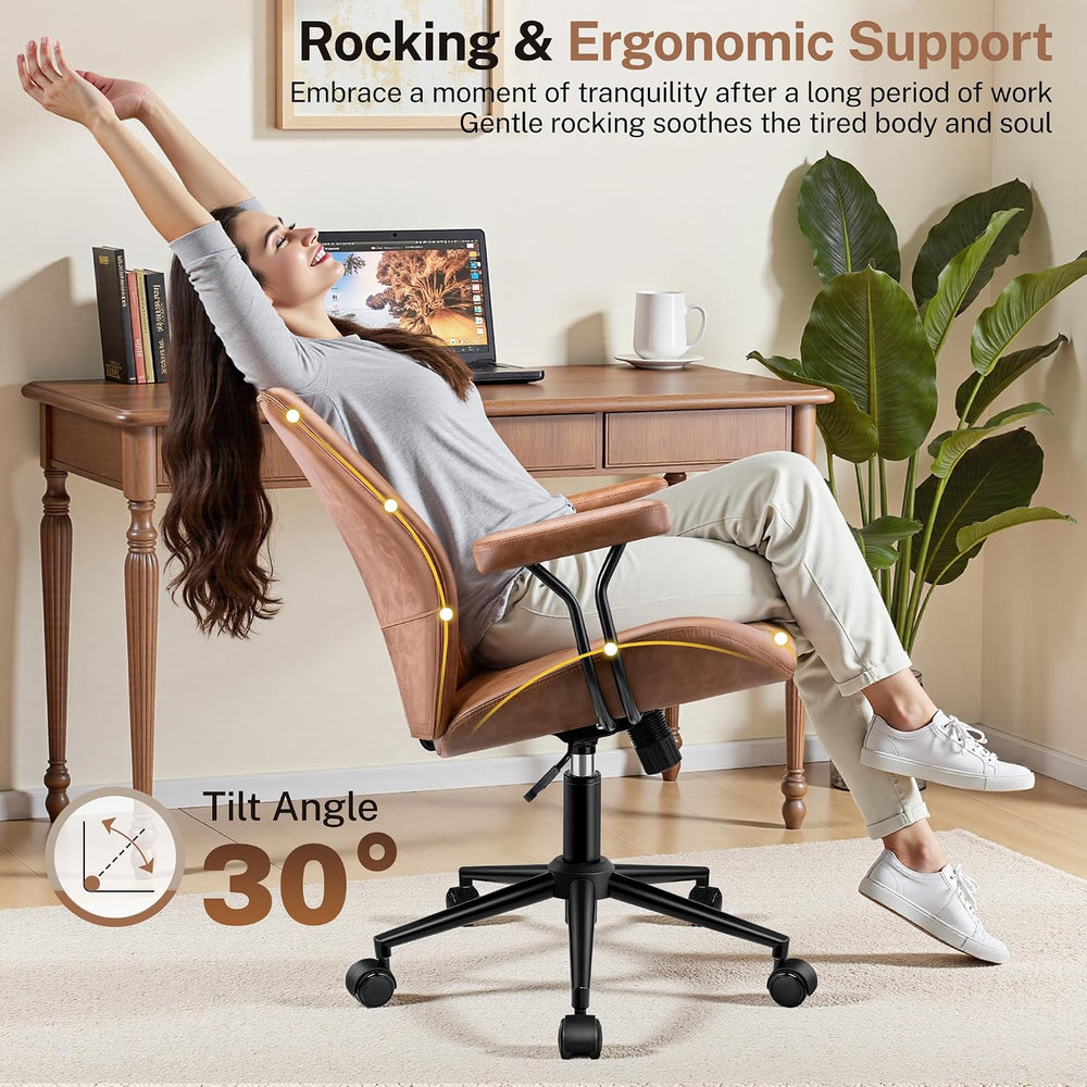 Leather Office Chair with Removable Armrests, Mid Back Ergonomic Desk Chair w...