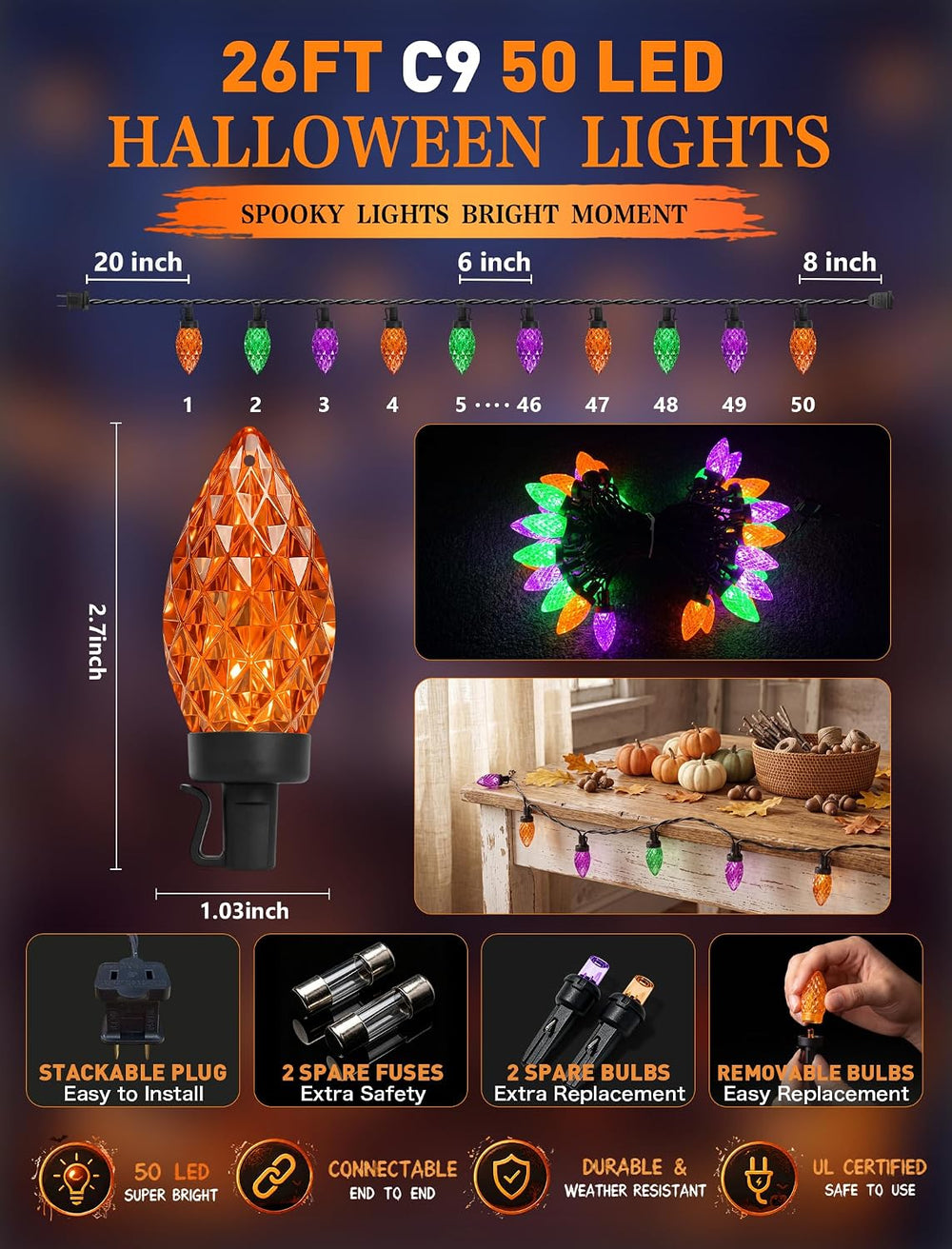 26FT C9 Halloween String Lights, 50 LED Orange Green Purple Diamond Lights