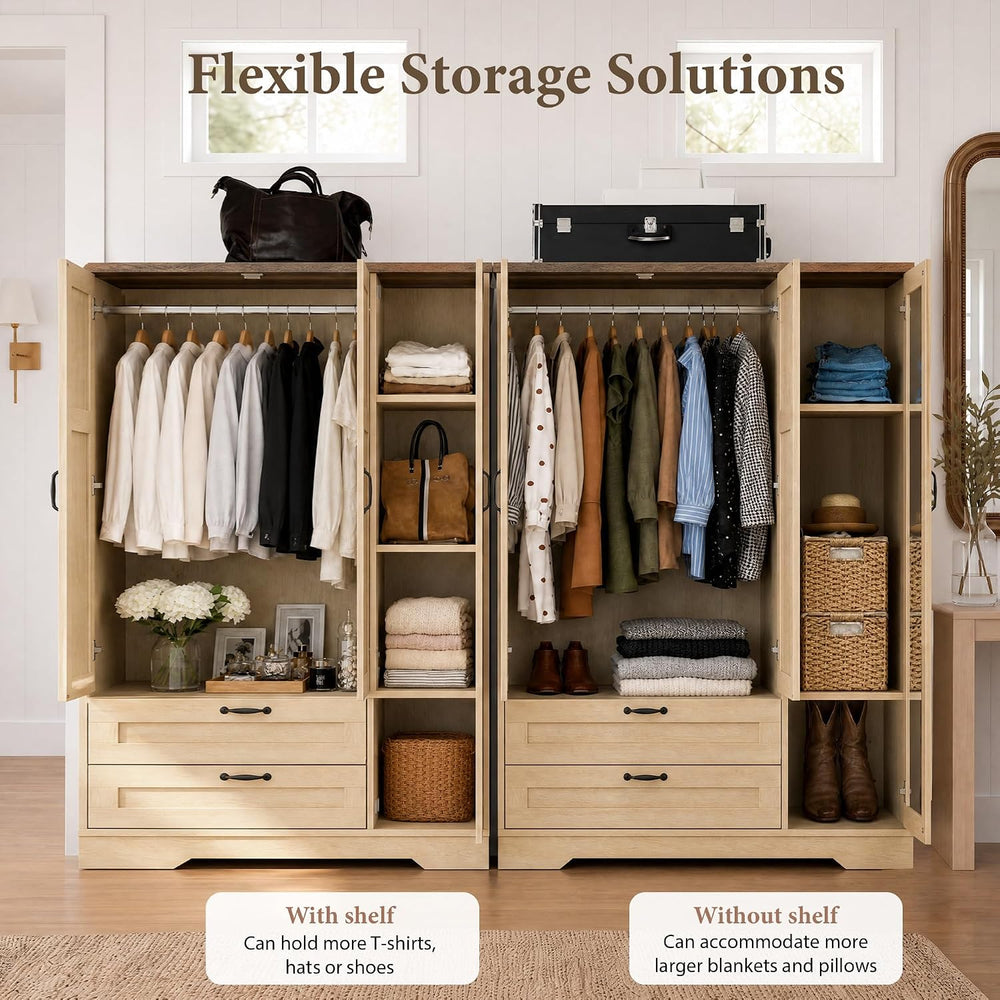 62" Wooden Armoire Wardrobe Closet with 3 Doors & 2 Drawers, Mirror