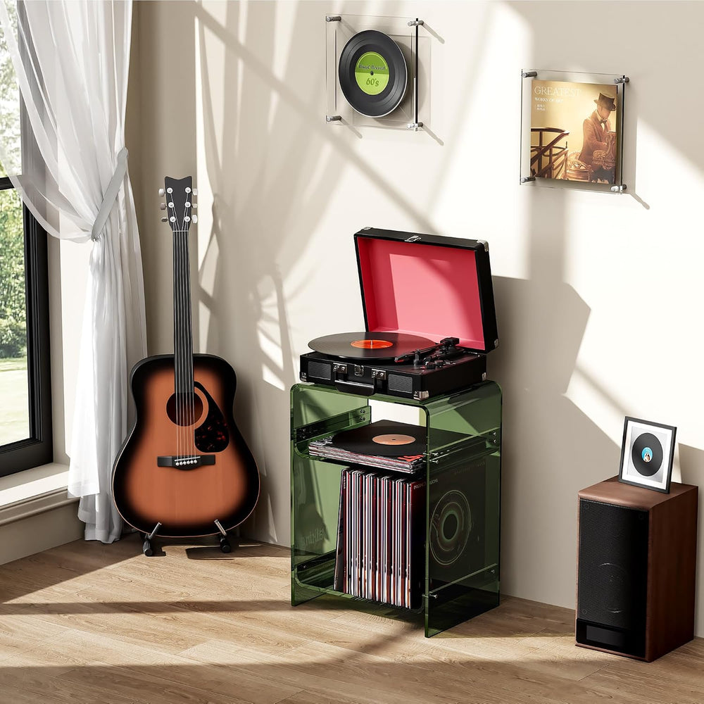 Acrylic Record Player Table with Storage Shelf, Clear Side Table Nightstand (...