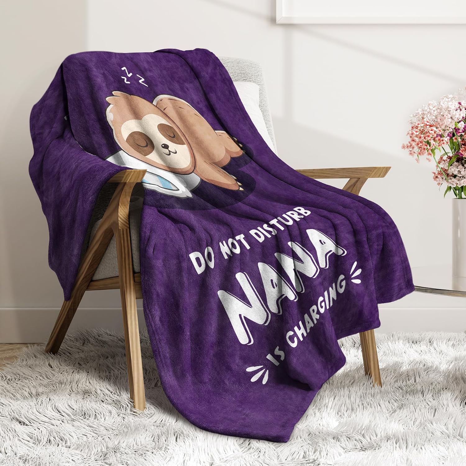 Leebbsin Funny Nana Gifts, Nana Birthday Gifts from Grandkids | Nana is Charging Sloth Blanket 60" X 50", Purple, Gifts for Nana Christmas Mothers Day, Soft Sloth Throws Blanket for Nana