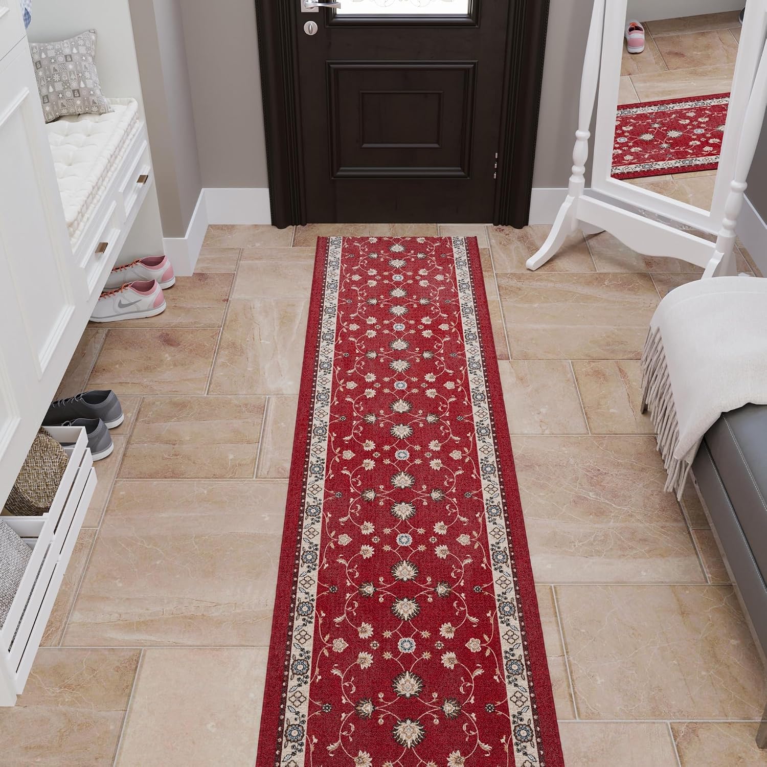 Ottomanson 3-Piece Machine Washable Indoor Doormat & Entryway Floor Mat Set, Non Slip Front Door Rugs, Low Profile, 31" x 24" + 31" x 48" + 31" x 60", Mahal Red