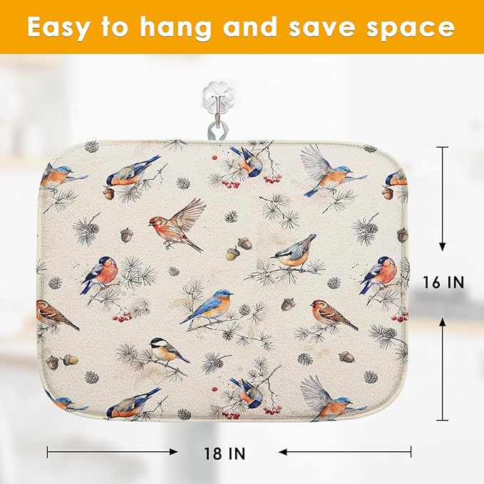 Sanwarm Absorbent Dish Drying Mat, Vintage Birds Watercolor Cute Floral - Image 2