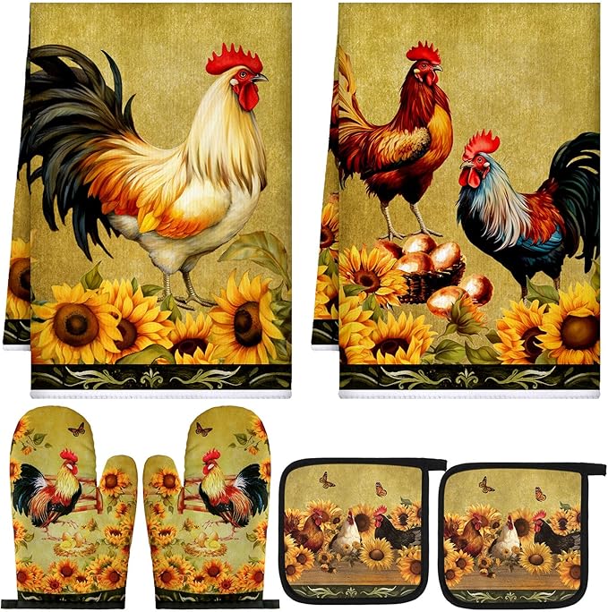 Leinuosen 6 Sunflower Rooster Farmhouse Kitchen Decor Dish Towels Oven Mitts by Leinuosen