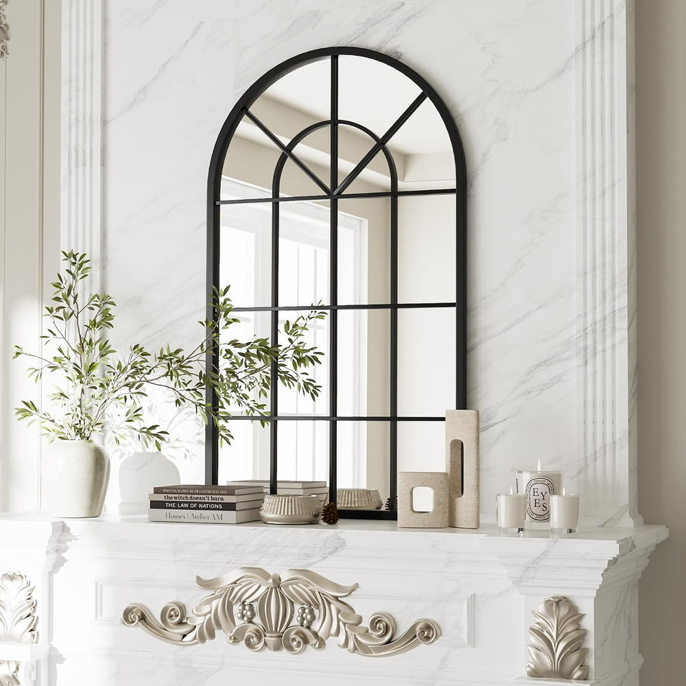 Dewfig Arched Wall Mirror, 42"x24" Metal Frame Windowpane Mirror, B...