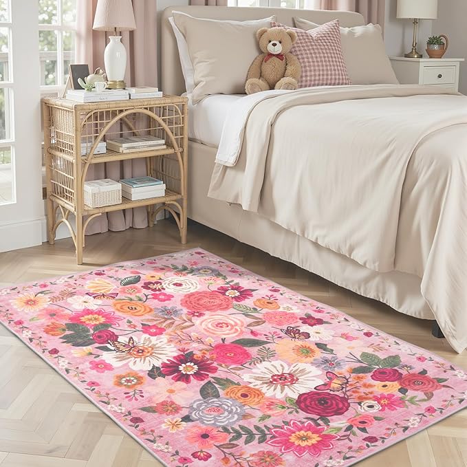 Floral Machine Washable Rug Pink, 3x5 Rug Non Slip Soft Bedroom Rugs by WelcometoBabovid
