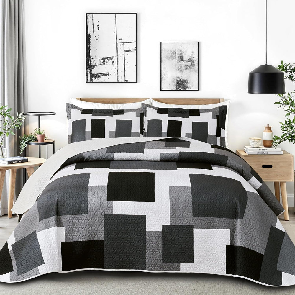 3 Piece Black Grey Quilt King Size Black White Gray Bedding Set