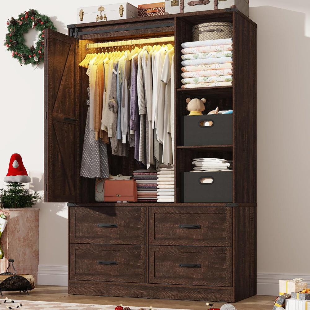Farmhouse 3 Doors Armoire Wardrobe Closet w/Folding Sliding Barn Door and Lig...