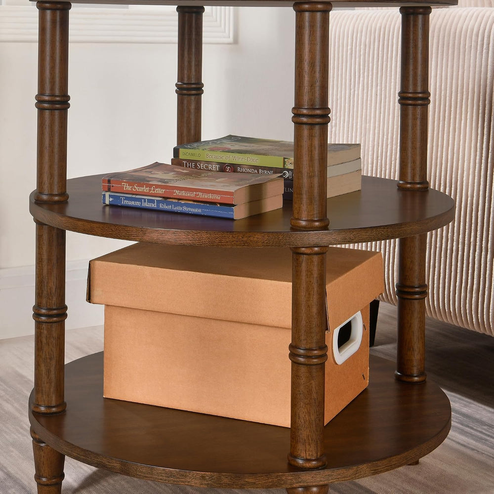 PADMA HOUSE Round Wood Small End Table with 3 Shelves, Wood Sofa Side Table w...