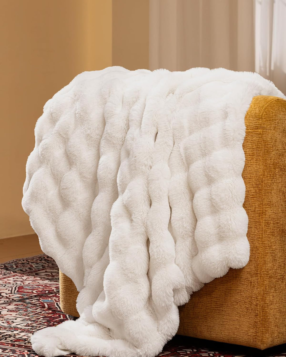 Ultra Soft Cozy Faux Fur Throw Blanket, Fuzzy Plush Thick Bubble Blanket, Lux...
