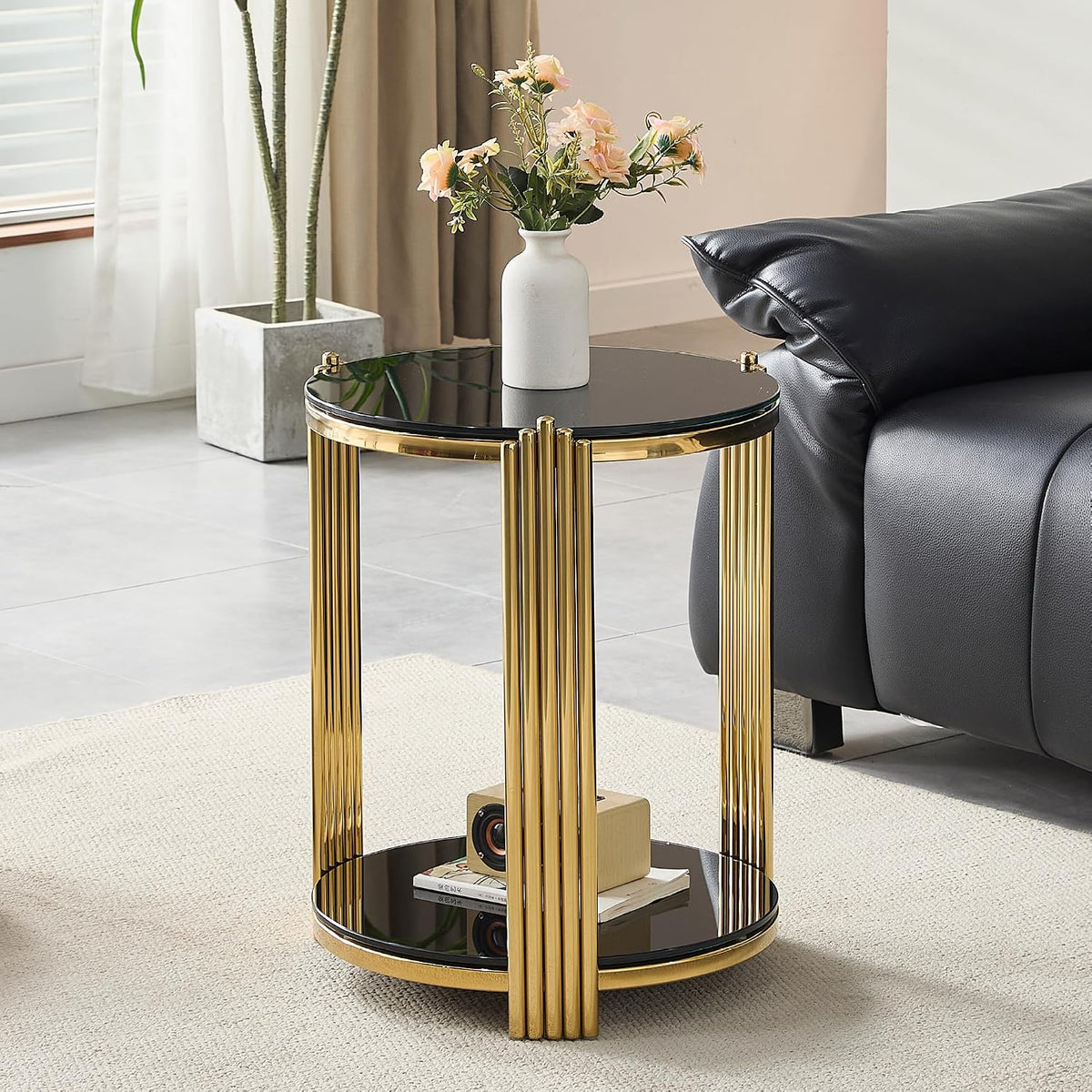 16.9'' Round Glass End Table with Gold Steel Frame, 2-Tier Sofa Side Table with Black Glass Top and Lower Shelf, 20 x 22 Inches, Modern Round Accent Table for Living Room