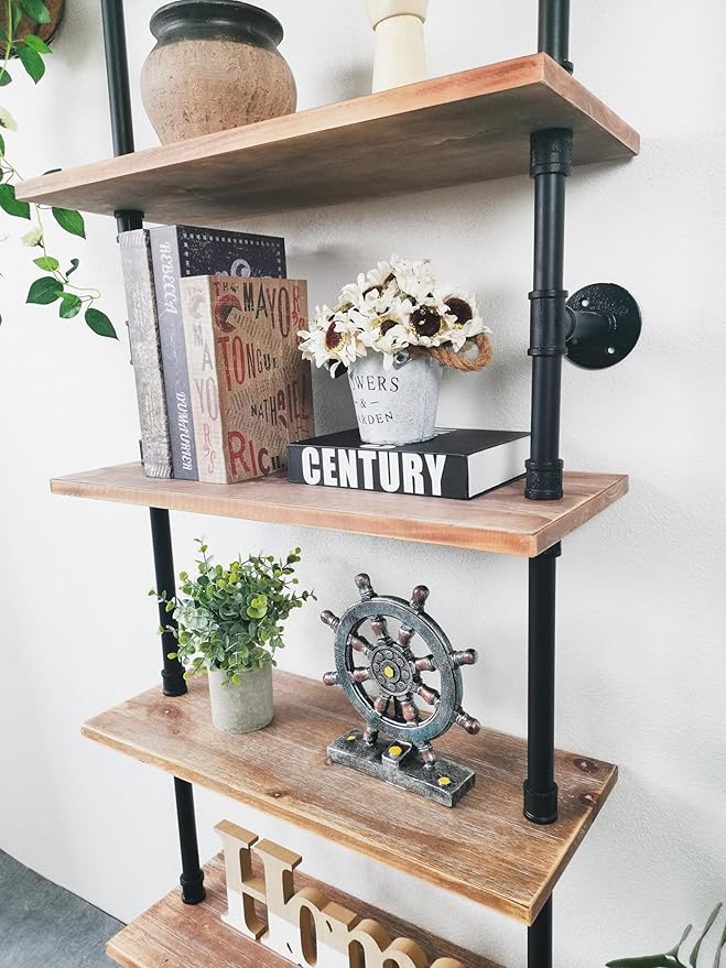 Industrial Ladder Pipe Shelves, Wall Mounted Rustic Bookshelf, Retro Metal Wo...