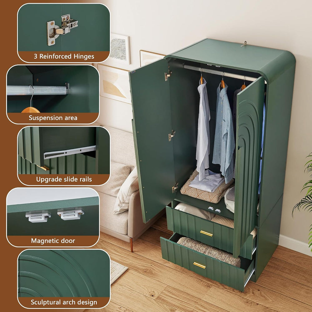 Freestanding Armoire Wardrobe Closet with Arched Fluted 2 Doors and 2 Storage...