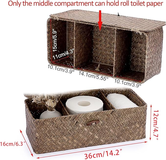 Hipiwe Storage Basket with Lid Toilet Tank Basket Holder Handwoven Wicker - Image 2