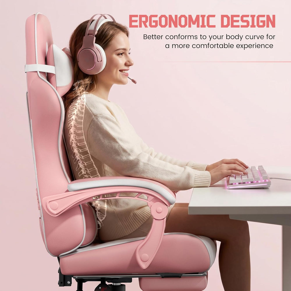 Yaheetech Gaming Chair with Footrest Massage Lumbar Pillow Pink and White