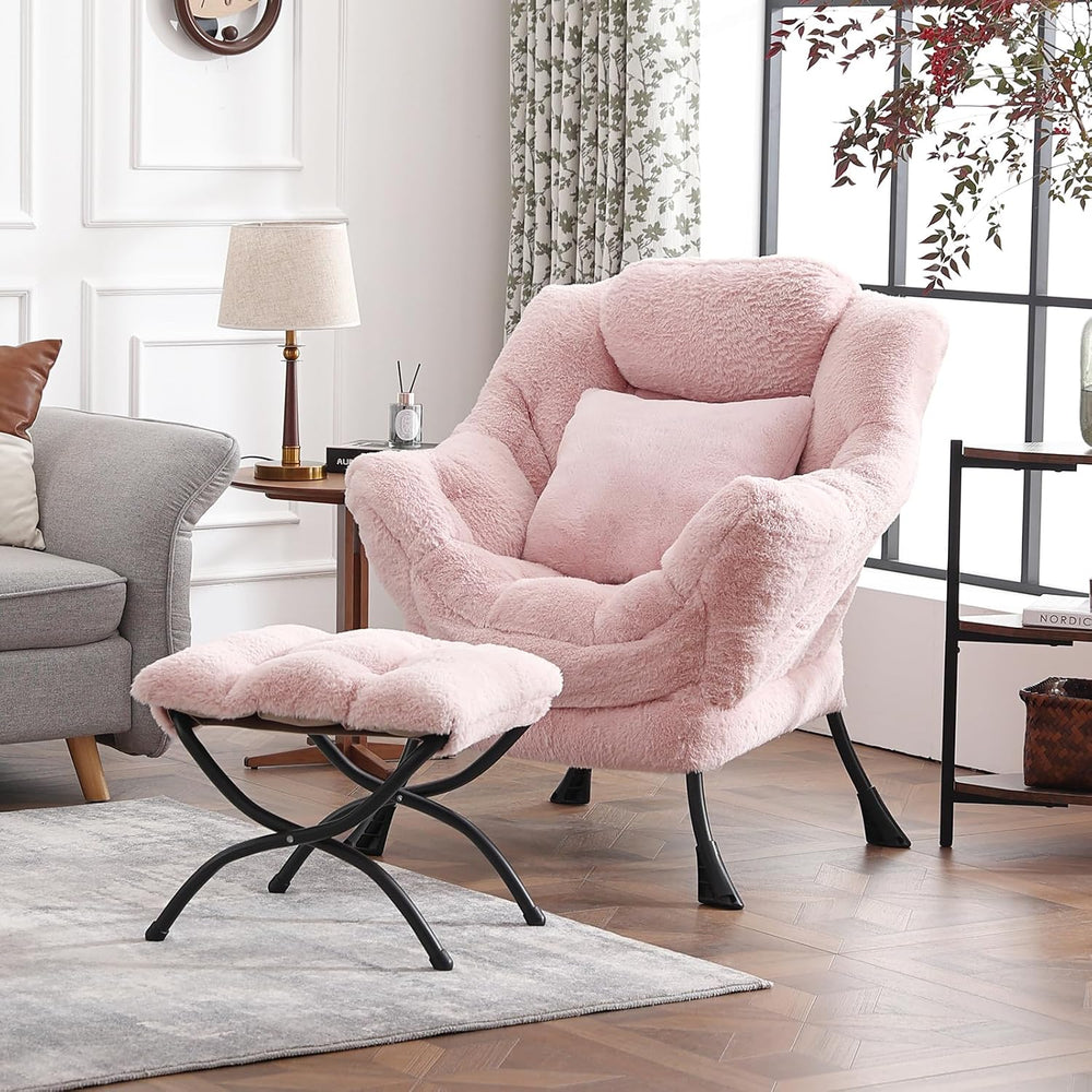 Lazy Chair with Ottoman, Plush Reading Chair with Pillow，Pink