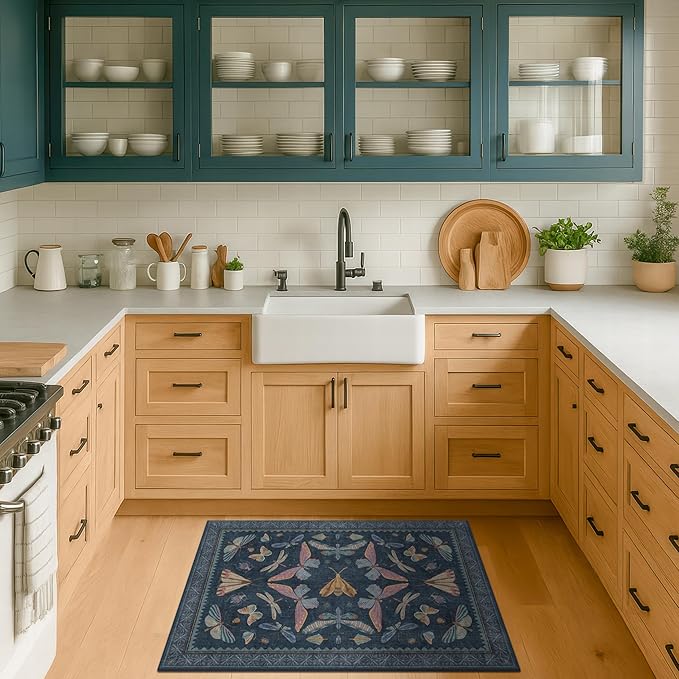 Dark Blue 2x3 Small Rugs for Bathroom Non Slip, Washable Vintage Boho Insect - Image 3