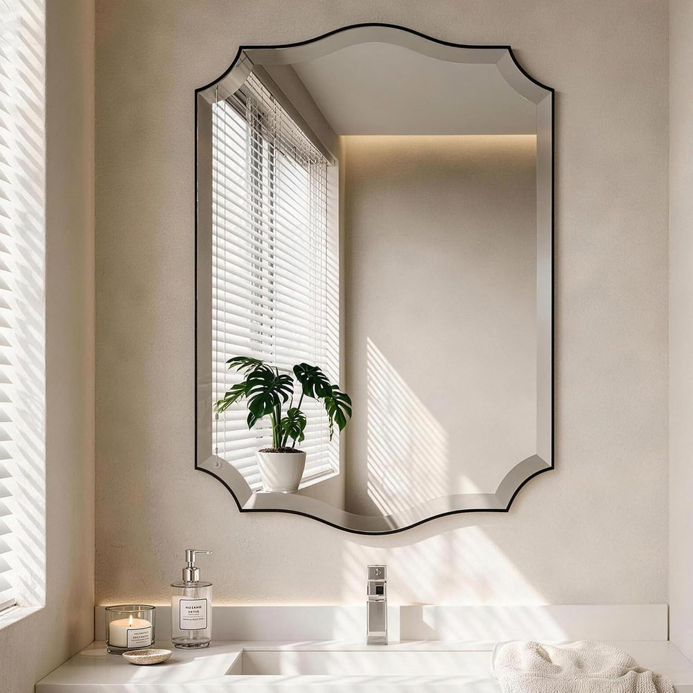 POZINO Scalloped Beveled Mirror 40"x28" Black Bathroom Mirror for O...