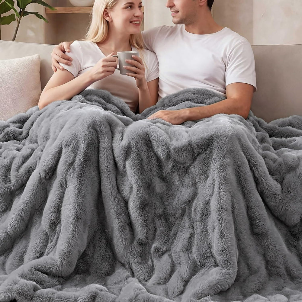 Gray Blanket Twin Size 60x80 Soft Fluffy Faux Fur Bed Cover Fuzzy Plush Bubbl...