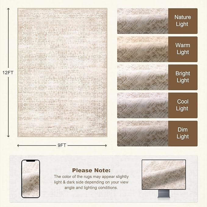 Area Rugs 9x12 Living Room Rug: Washable Rug Soft Vintage Boho Carpet Indoor - Image 2