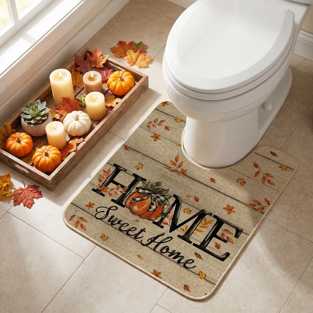 Artoid Mode Home Sweet Home Pumpkin Fall U Shaped Toilet Rug 20x24 Inch | Non-Slip Low-Profile Bathroom Decor Bath Contour Mat