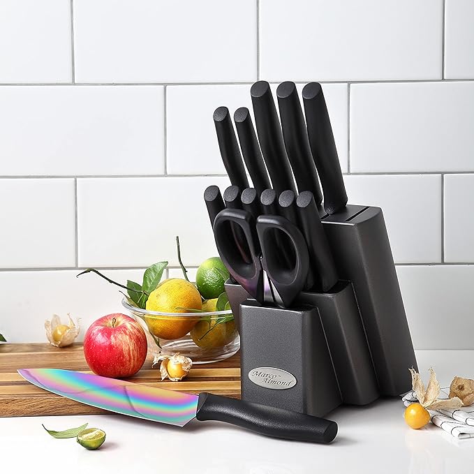 Marco Almond Knife Set with Block, 14 Piece Rainbow Titanium Knife Block Set - Image 7
