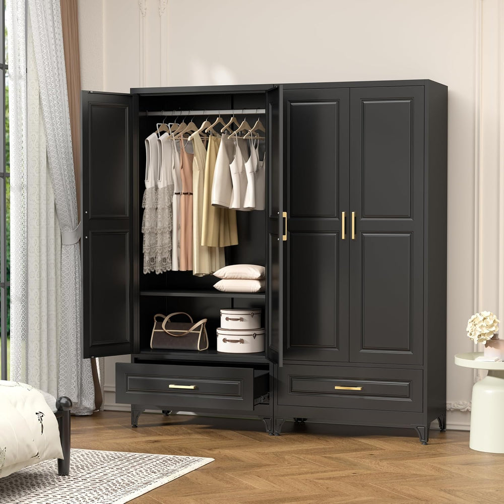 Polup 71" Black Metal Armoire Wardrobe Closet with Doors and 1 Drawer