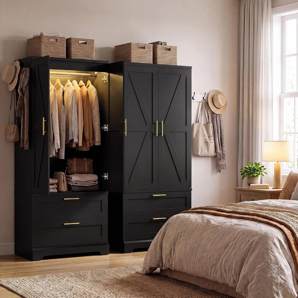 YESHOMY 70.9" Armoire Wardrobe Closet with Sensor Light, 2 Drawers (Black)