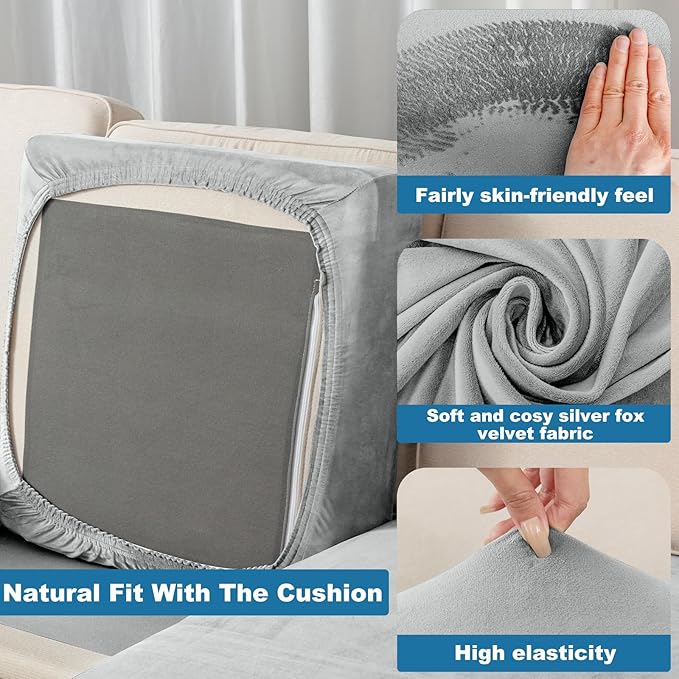 Couch Cover 6-Piece Elastic Velvet Couch Cushion Covers & Chaise Slipcovers - Image 4
