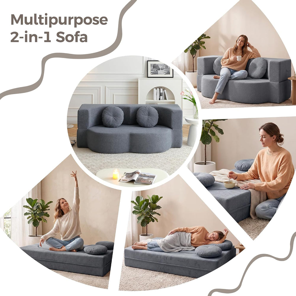 75.5" Boneless Couch Futon Sofa Bed, 2-in-1 Sleeper Sofa, Gray