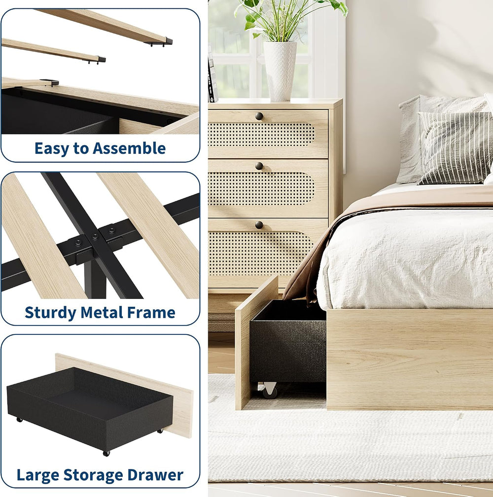 IDEALHOUSE Full Bed Frame with 2 Storage Drawers,Wooden Floor Bed Frame