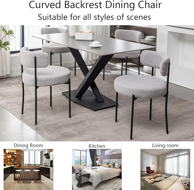 Boucle Dining Chairs Set of 2, Upholstered Dining Room Chairs with Black Meta...