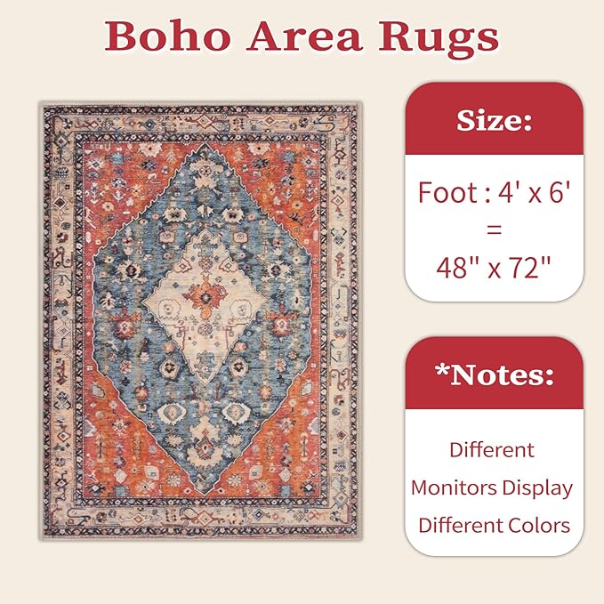 SERISSA Bedroom Rug 4x6 Boho Tribal Rug, Vintage Washable Area Rugs Non Slip - Image 6