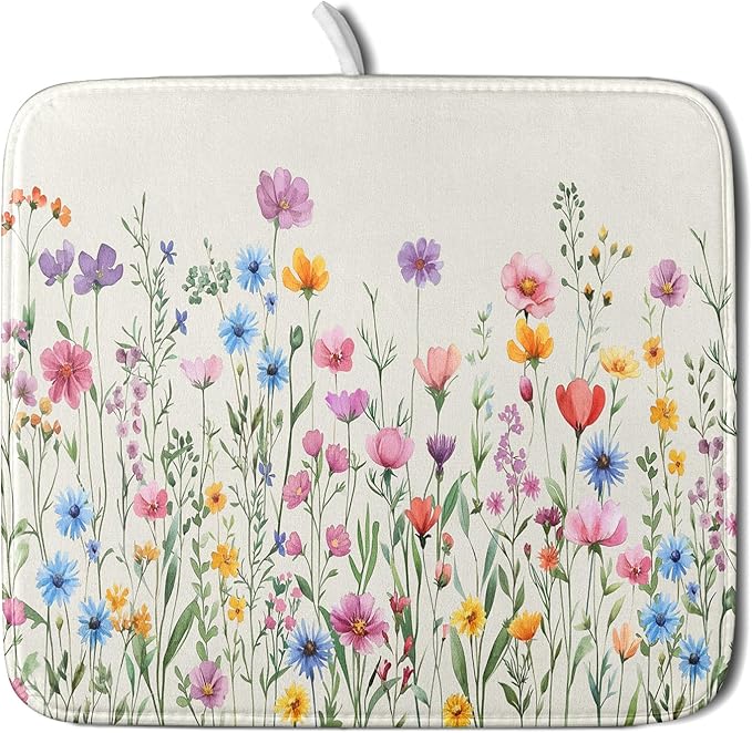 Giwawa Spring Floral Dish Drying Mat 16"x18" Watercolor Summer Wildflower Dish by Giwawa