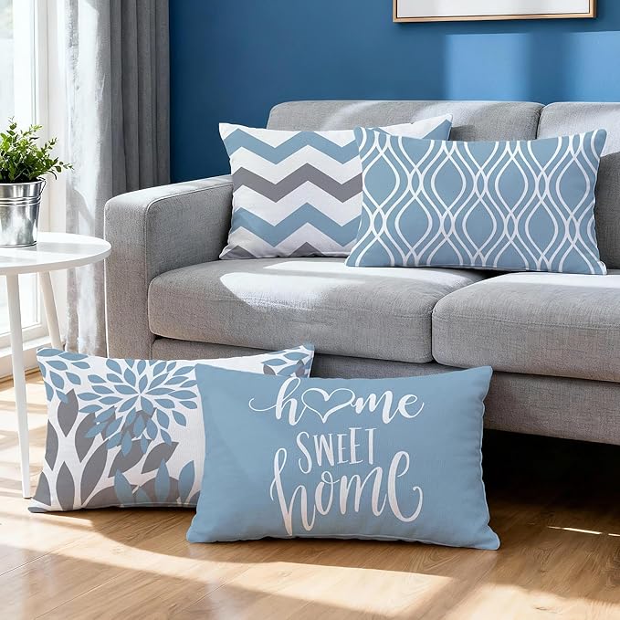 Hexagram Geometric Aqua Blue Pillow Covers 12x20 Set of 4, Decorative Outdoor - Image 2