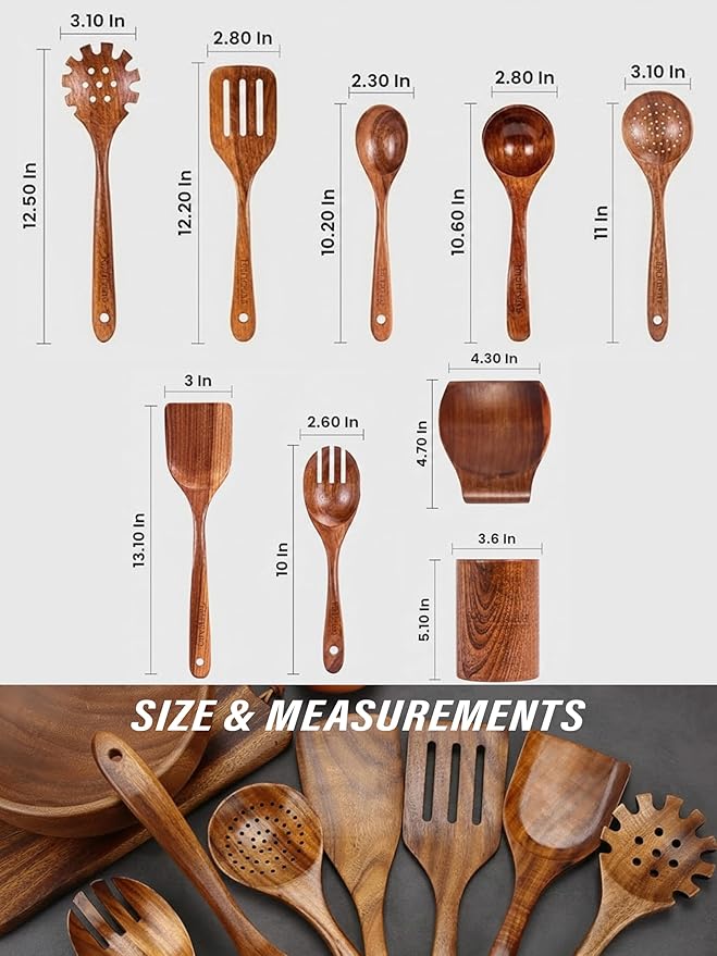 9-Piece Teak Wooden Kitchen Utensil Set – Nonstick Safe Cooking Spoons & - Image 4