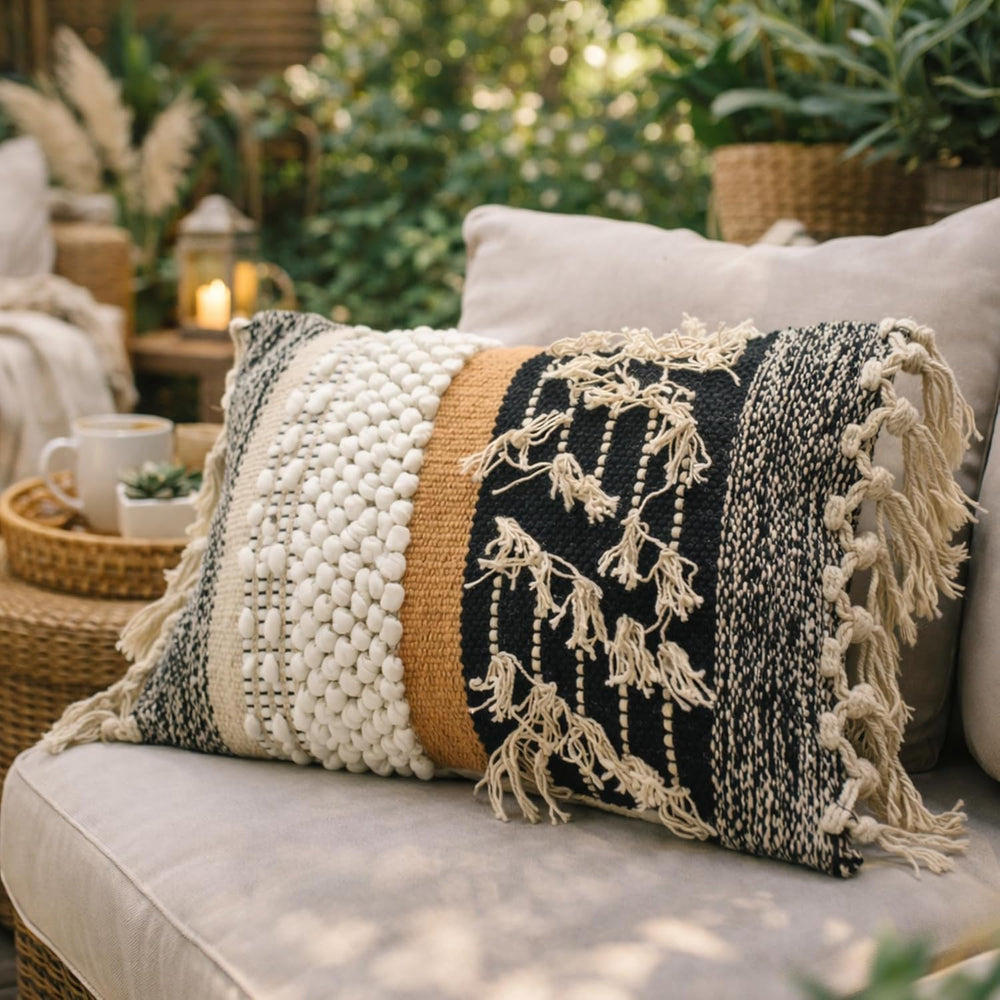Boho Lumbar Pillow Cover 12x20, Handwoven Textured Cotton Throw Pillow Cover ...