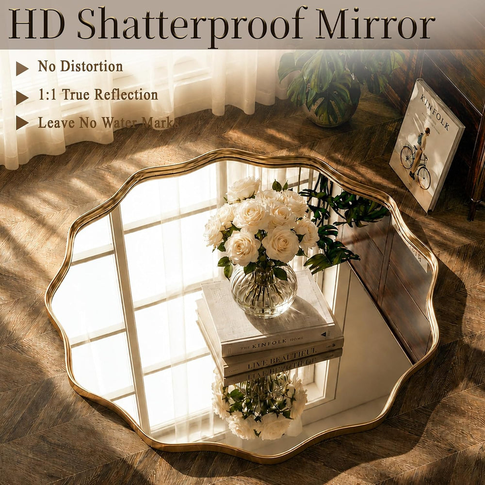VooBang Gold Scalloped Circle Mirror, 30" Wavy Edge Round Wall Mirror