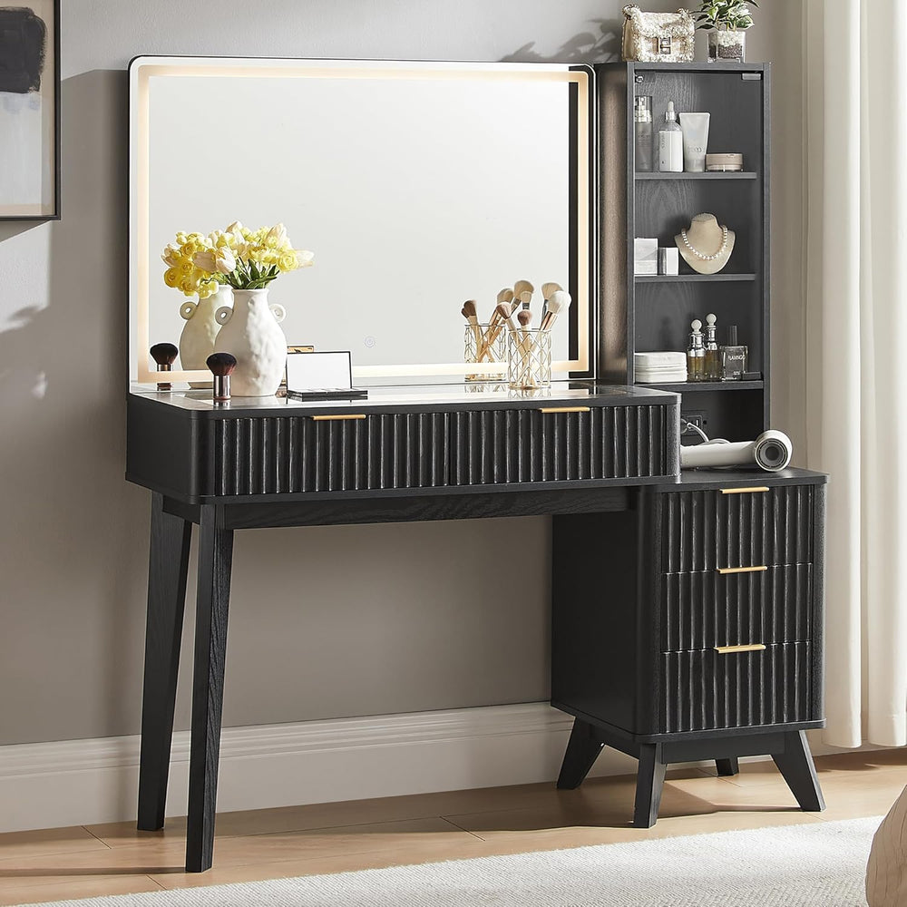 T4TREAM 48" Fluted Makeup Vanity Desk with 36" Lighted Mirror, Blac...
