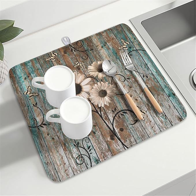 Dish Drying Mat for Kitchen Counter 16 x 18 Inch Rustic Vintage Daisy Floral - Image 8