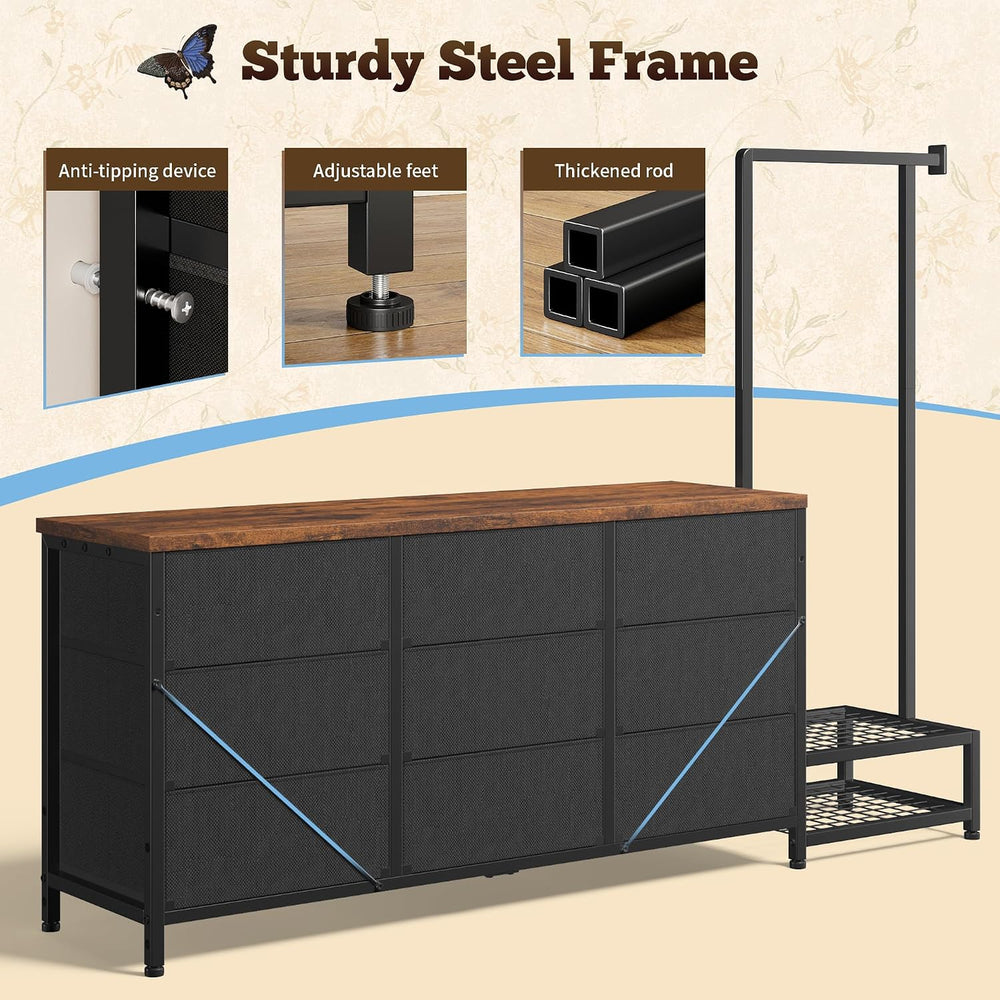 9-Drawer Dresser with Extendable Hanging Rack & LED Lights, Brown